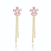 Pink Zircon Flowers Tassel Silver Drop Earrings for Women